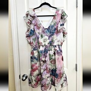 NWT Express Printed V-Neck Flutter Sleeve Smocked Waist Mini Dress